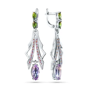 Серьги из серебра с аметистами, гранатами и хромдиопсидами