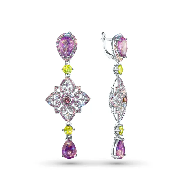 Серьги из серебра с аметистами, гранатами