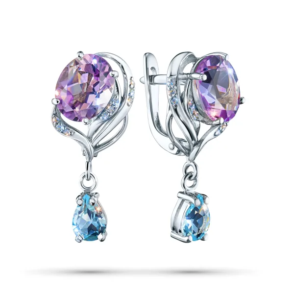Серьги из серебра с аметистами, топазами и фианитами
