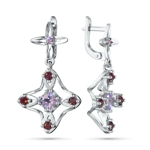 Серьги из серебра с аметистами и гранатами
